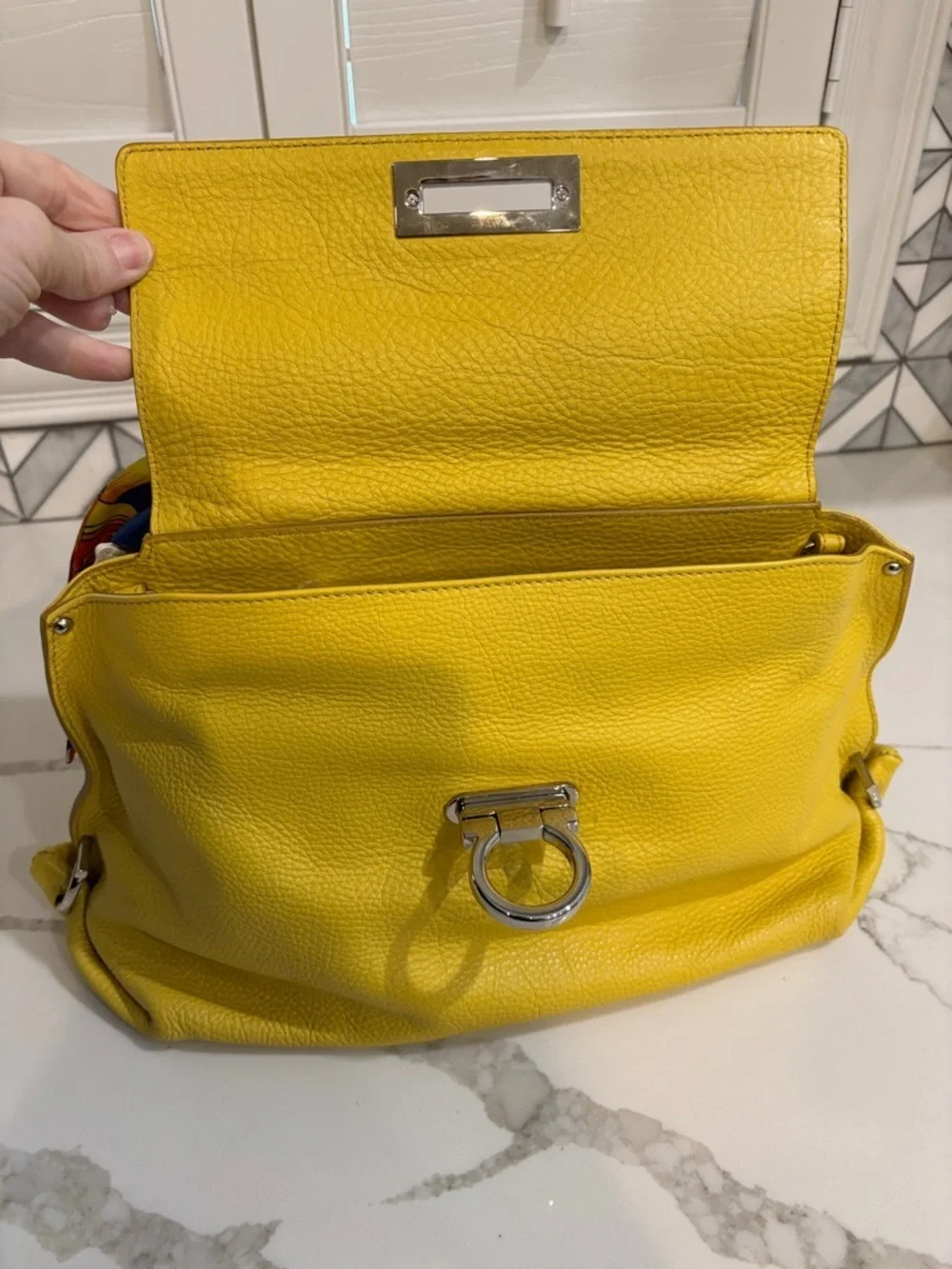 Salvatore Ferragamo Yellow Pebbled Leather Satchel with Crossbody Strap